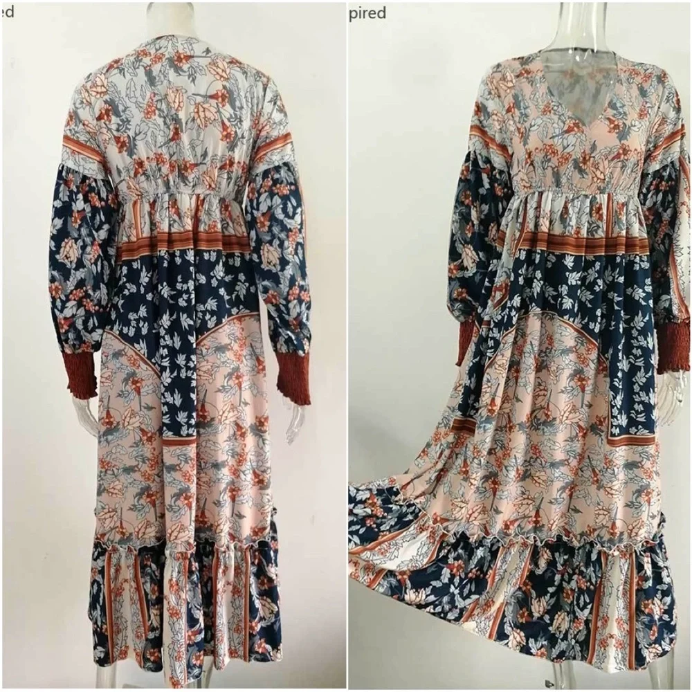 Bohemian Blue Brown Floral Print Midi Dress - Picture 6 of 6